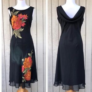 Vintage Y2K Dressbarn Beaded Floral Cowl Neck Flowy Orange Black Midi Dress 4